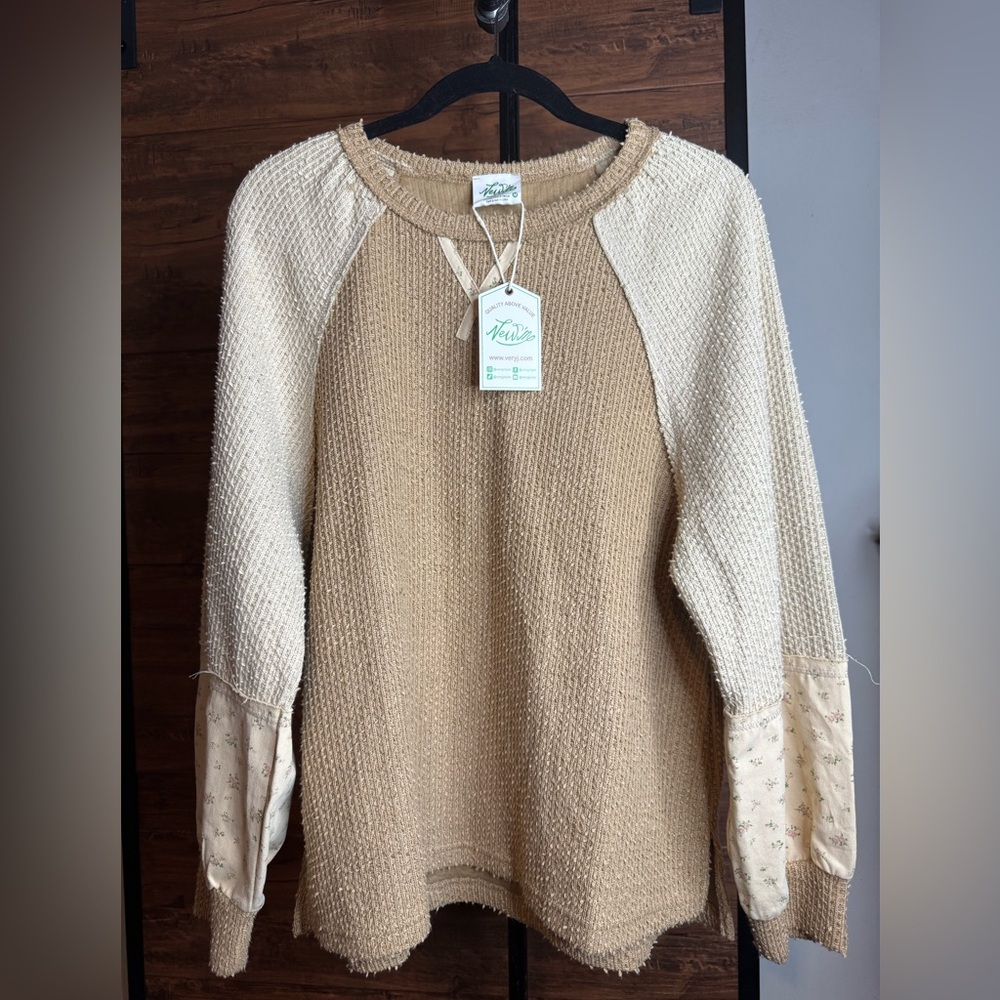 New’m Mocha and Cream Knit Sweater with Floral Patchwork
